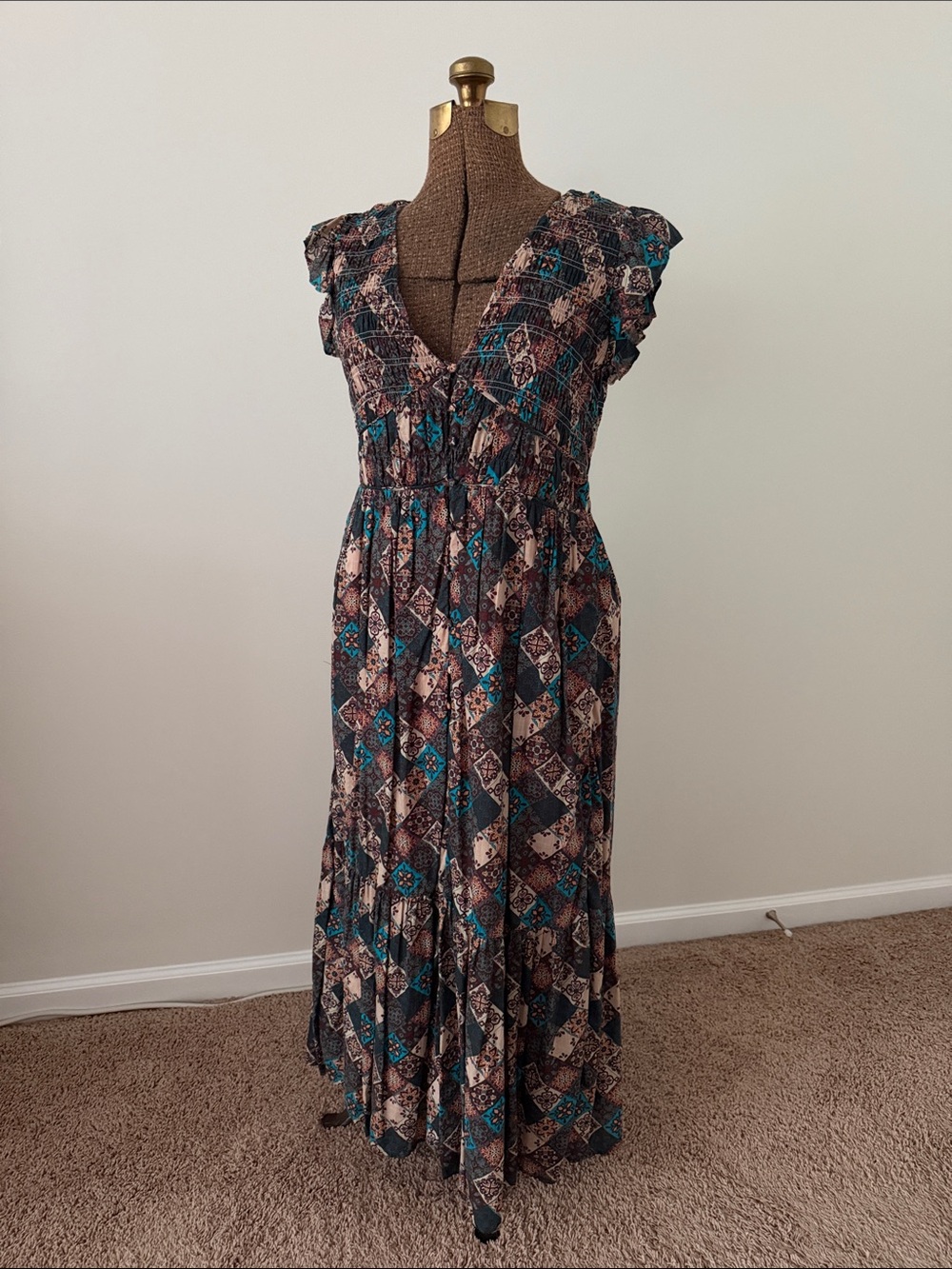Anthropologie Peregrine Tiered V-Neck Maxi Dress in Teal and Brown
